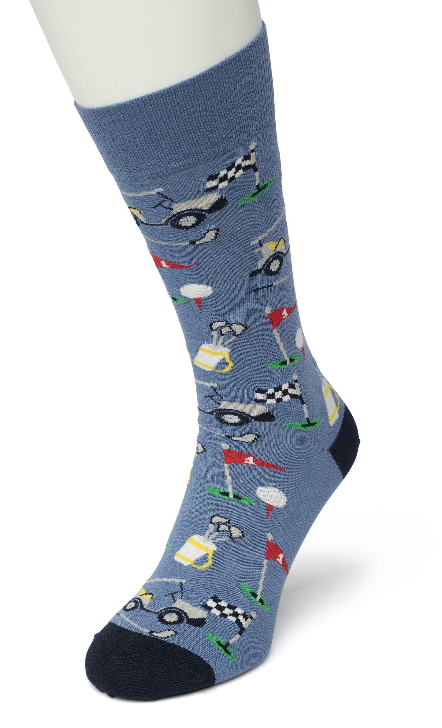Bonnie Doon Golf Sock - Men's blue cotton ankle socks with a golf themed pattern of clubs, flags, buggies and balls.