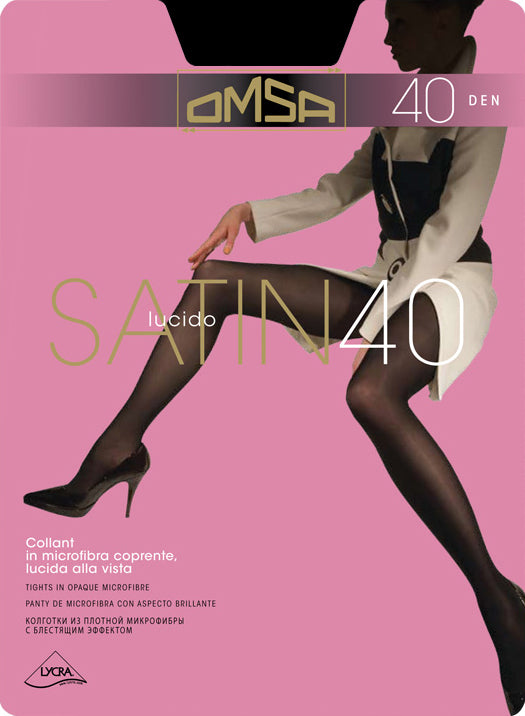 Omsa Satin 40 Collant - Black semi-opaque glossy satin finish tights with cotton gusset, flat seams and high comfort waist.