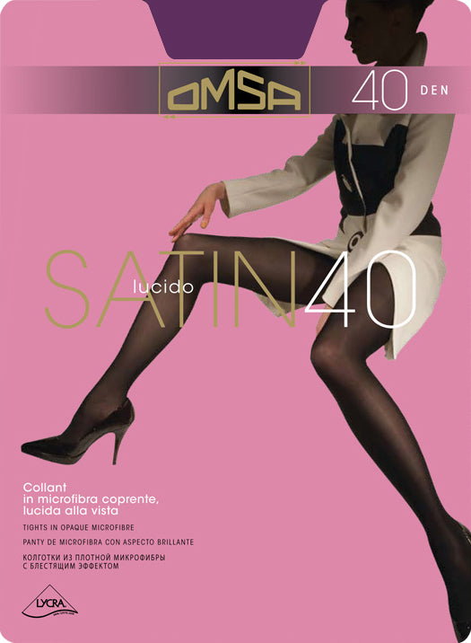 Omsa Satin 40 Collant - Dark purple semi-opaque glossy satin finish tights with cotton gusset, flat seams and high comfort waist.