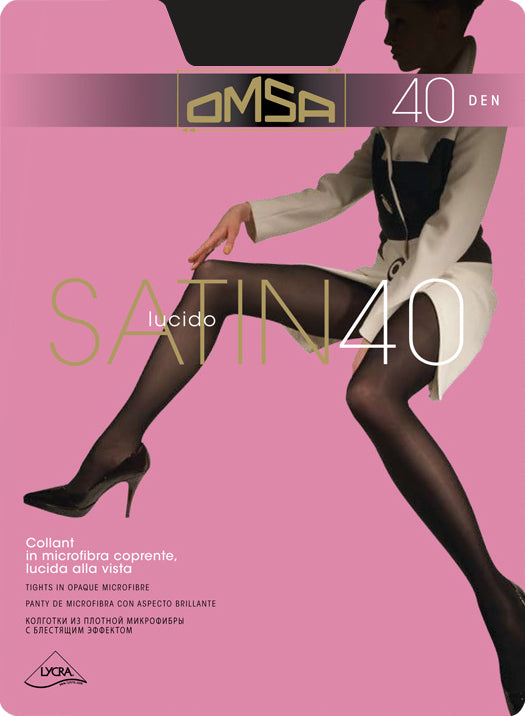 Omsa Satin 40 Collant - Dark antracite grey semi-opaque glossy satin finish tights with cotton gusset, flat seams and high comfort waist.