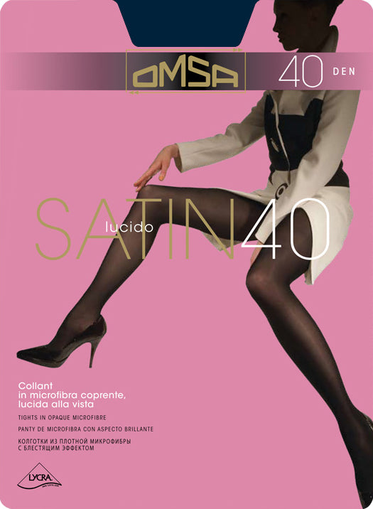 Omsa Satin 40 Collant - Light navy blue semi-opaque glossy satin finish tights with cotton gusset, flat seams and high comfort waist.
