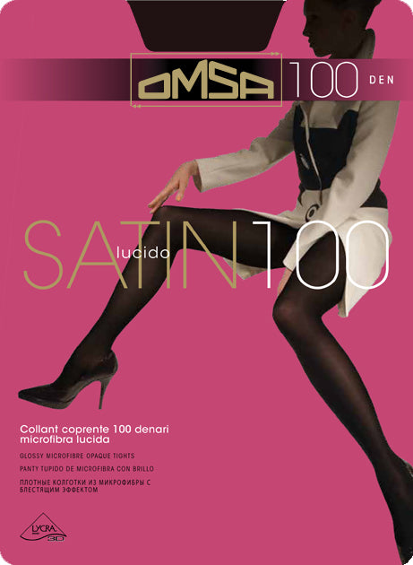 Omsa Satin 100 Collant - Brown ultra opaque glossy satin finish tights with cotton gusset, flat seams and high comfort waist.