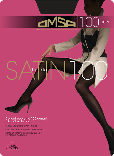 Omsa Satin 100 Collant - Dark antracite grey ultra opaque glossy satin finish tights with cotton gusset, flat seams and high comfort waist.