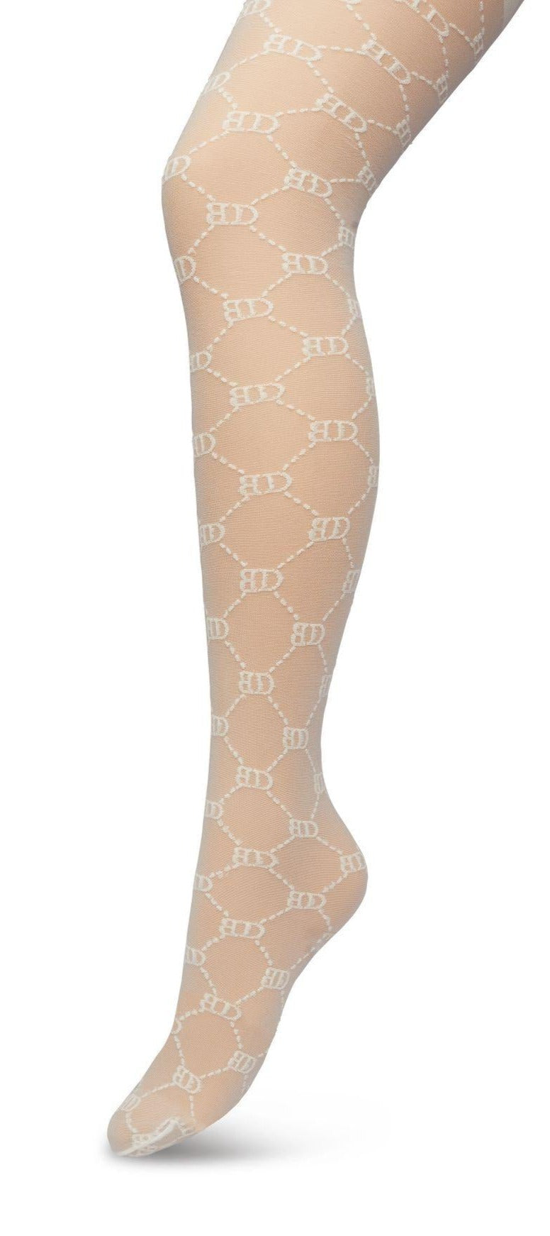 BP221901 Logo Tights - Sheer ivory cream Gucci inspired fashion tights with a woven dotted diamond style pattern with BD for Bonnie Doon