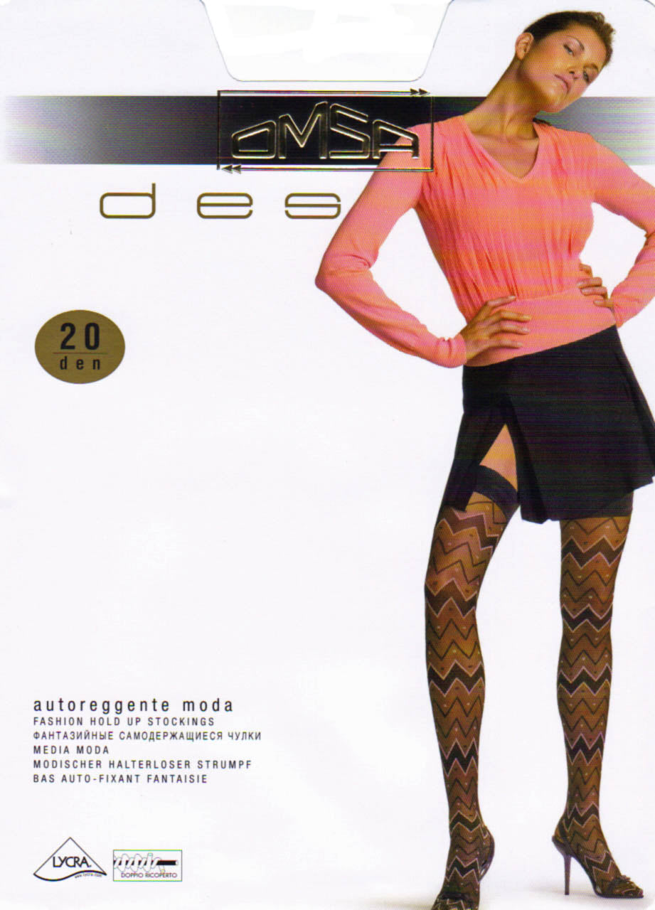 Omsa Etnic Autoreggente - Sheer black fashion hold-ups with a horizontal zig-zag pattern in light pink, plain top with 2 strips of silicone.