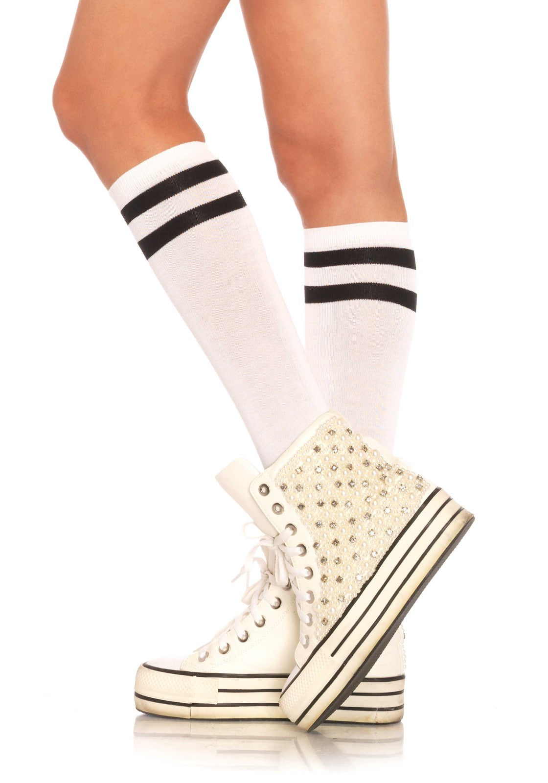 Leg Avenue 5522 Athletic Knee Highs - white sports  style knee-high socks with double black stripe cuff