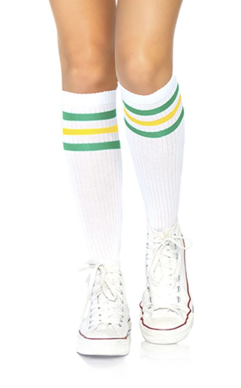 Leg Avenue 5614 Athletic striped knee highs - white sports style knee-high socks with green and gold stripe cuff 