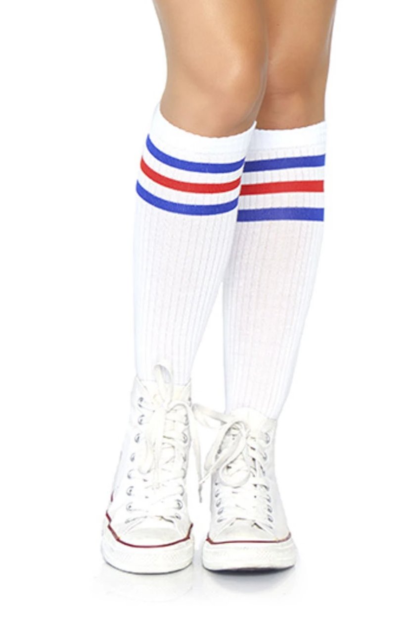 Leg Avenue 5614 Athletic striped knee highs - white sports style knee-high socks with blue and red stripe cuff 
