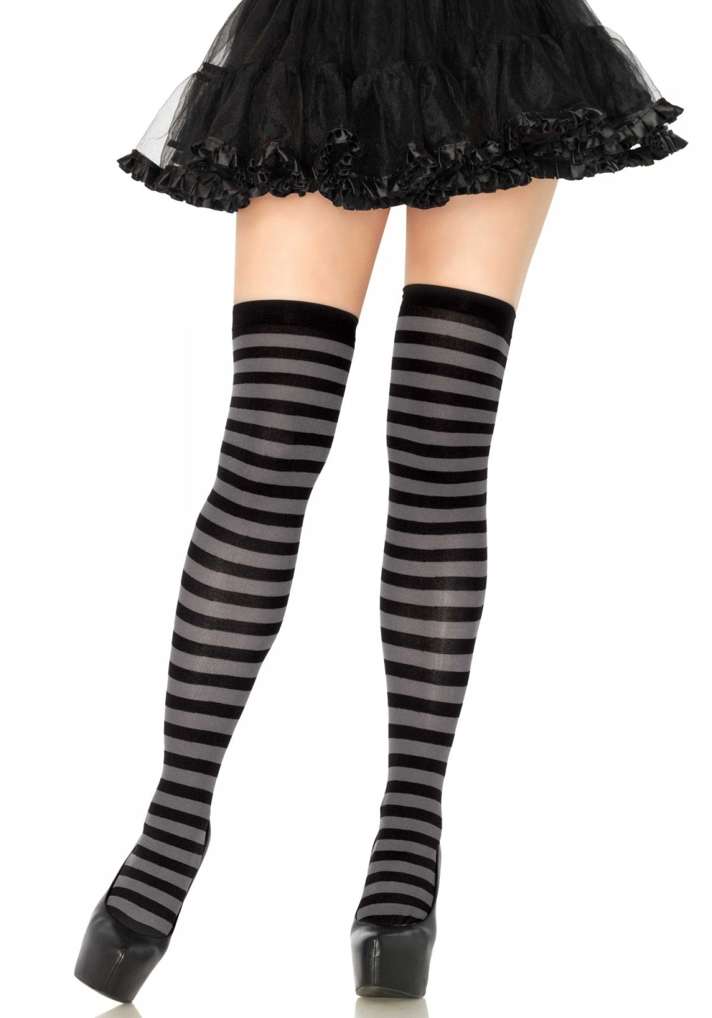 Leg Avenue 6005 Striped nylon thigh highs - grey and black horizontal stripe over the knee socks, can be worn as stockings