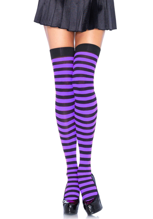 Leg Avenue 6005 Striped nylon thigh highs - purple and black horizontal stripe over the knee socks, can be worn as stockings