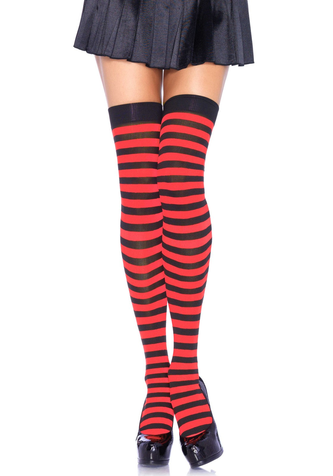 Leg Avenue 6005 Striped nylon thigh highs - red and black horizontal stripe over the knee socks, can be worn as stockings