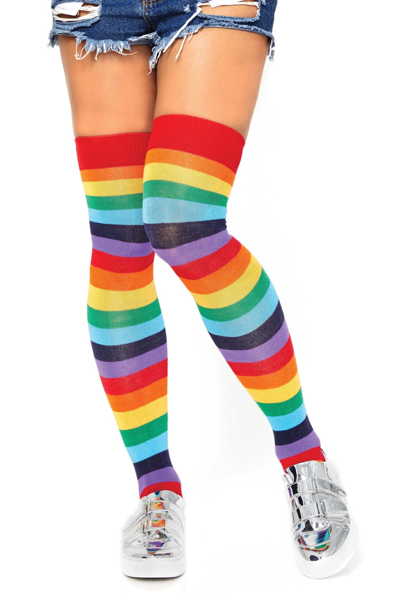 Leg Avenue 6606 Rainbow over the knee socks - multi-coloured horizontal stripe thigh high socks