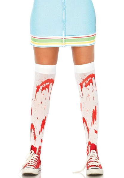 Leg Avenue 6675 Bloody Zombie Thigh Highs - white opaque over the knee socks with red blood splatter print