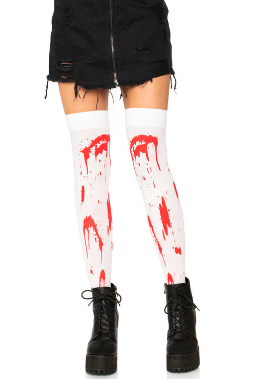 Leg Avenue 6675 Bloody Zombie Thigh Highs - white opaque over the knee socks with red blood splatter print