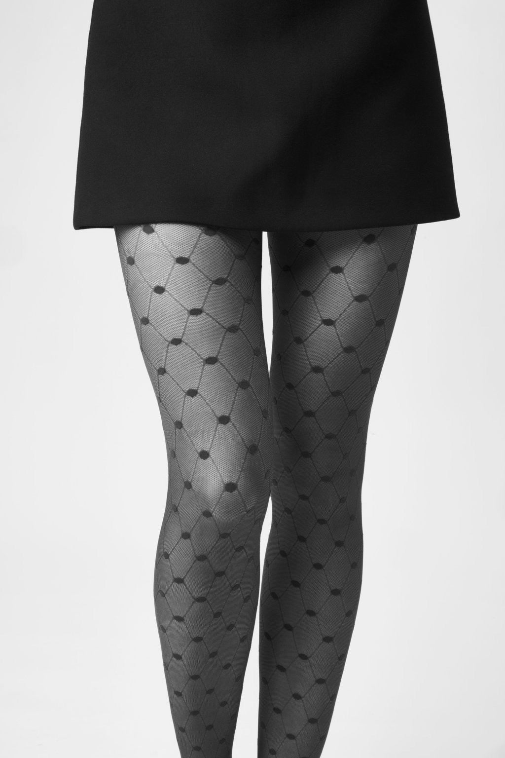 SiSi Spider Collant - Sheer black fashion tights with an all over enclosed fishnet and spot style pattern, seamless panty brief.