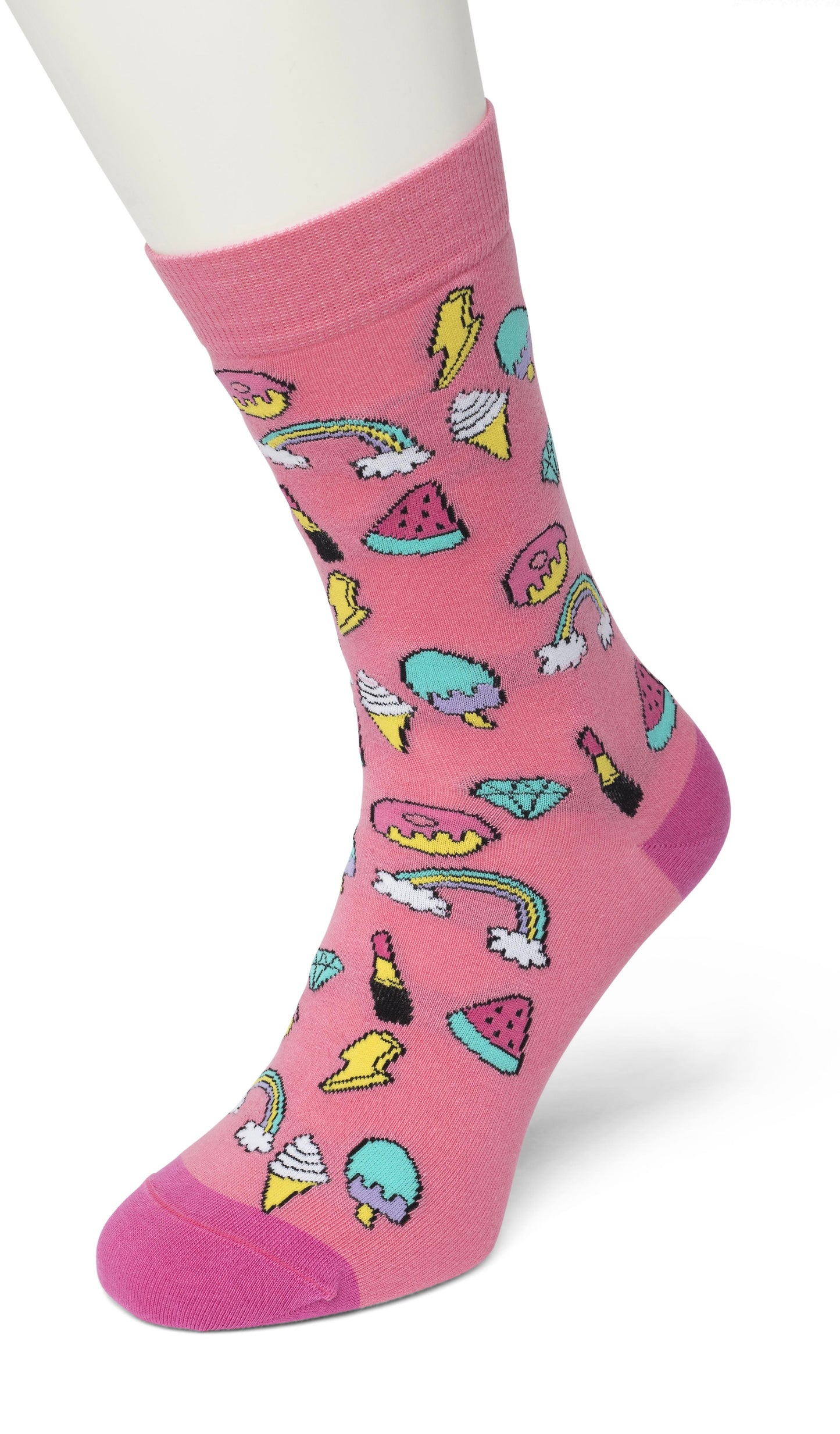 Bonnie Doon Donut Sock - Pink cotton mix colourful fun patterned socks featuring donuts, ice-cream, rainbows, lightning bolts, watermelon, diamonds and lipstick.