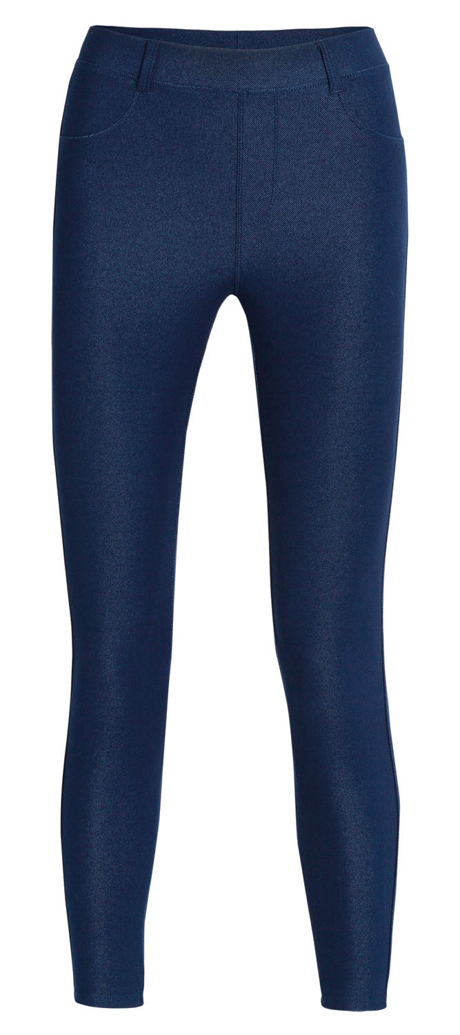 Ysabel Mora 70262 Leggings - Dark denim blue soft, stretchy and super comfy mid rise jean leggings (jeggings) with rear pockets, belt loops, and faux front pockets and fly stitching.