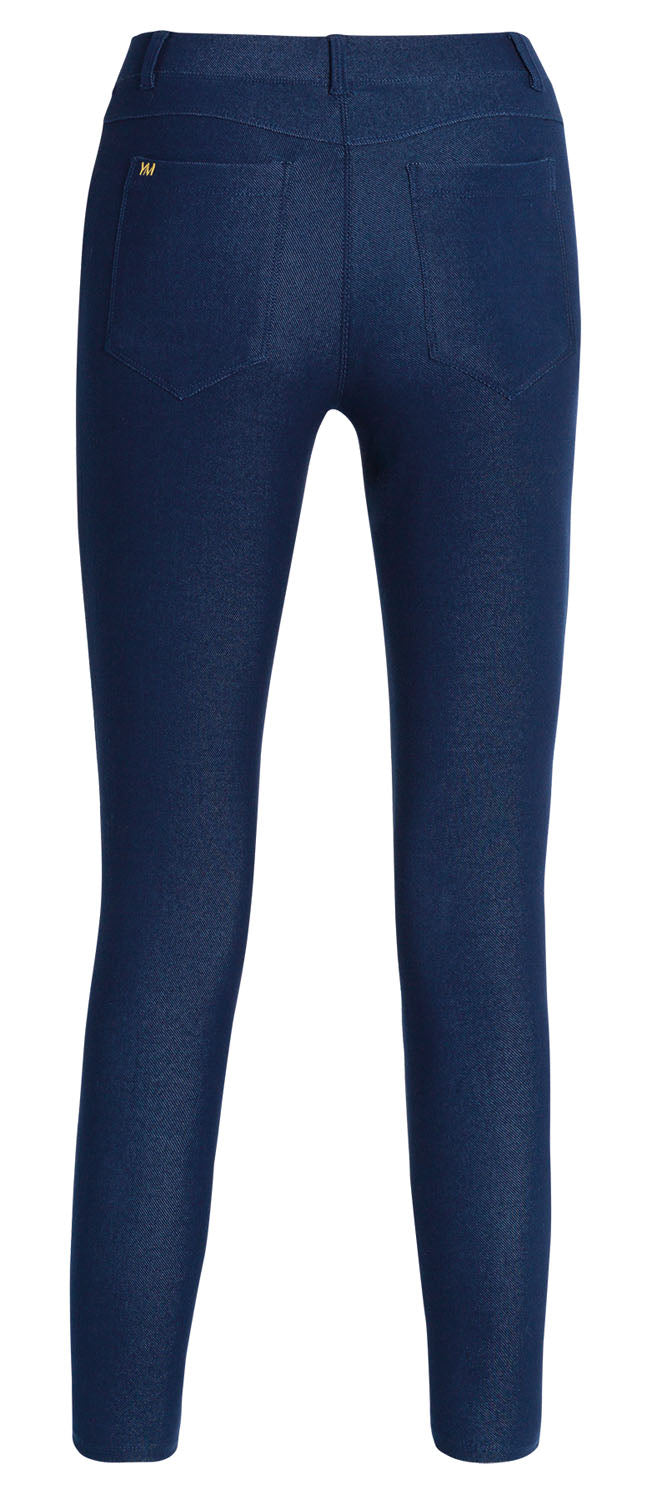 Ysabel Mora 70262 Leggings - Marino dark denim blue soft, stretchy and super comfy mid rise jean leggings (jeggings) with rear pockets, belt loops, and faux front pockets and fly stitching.