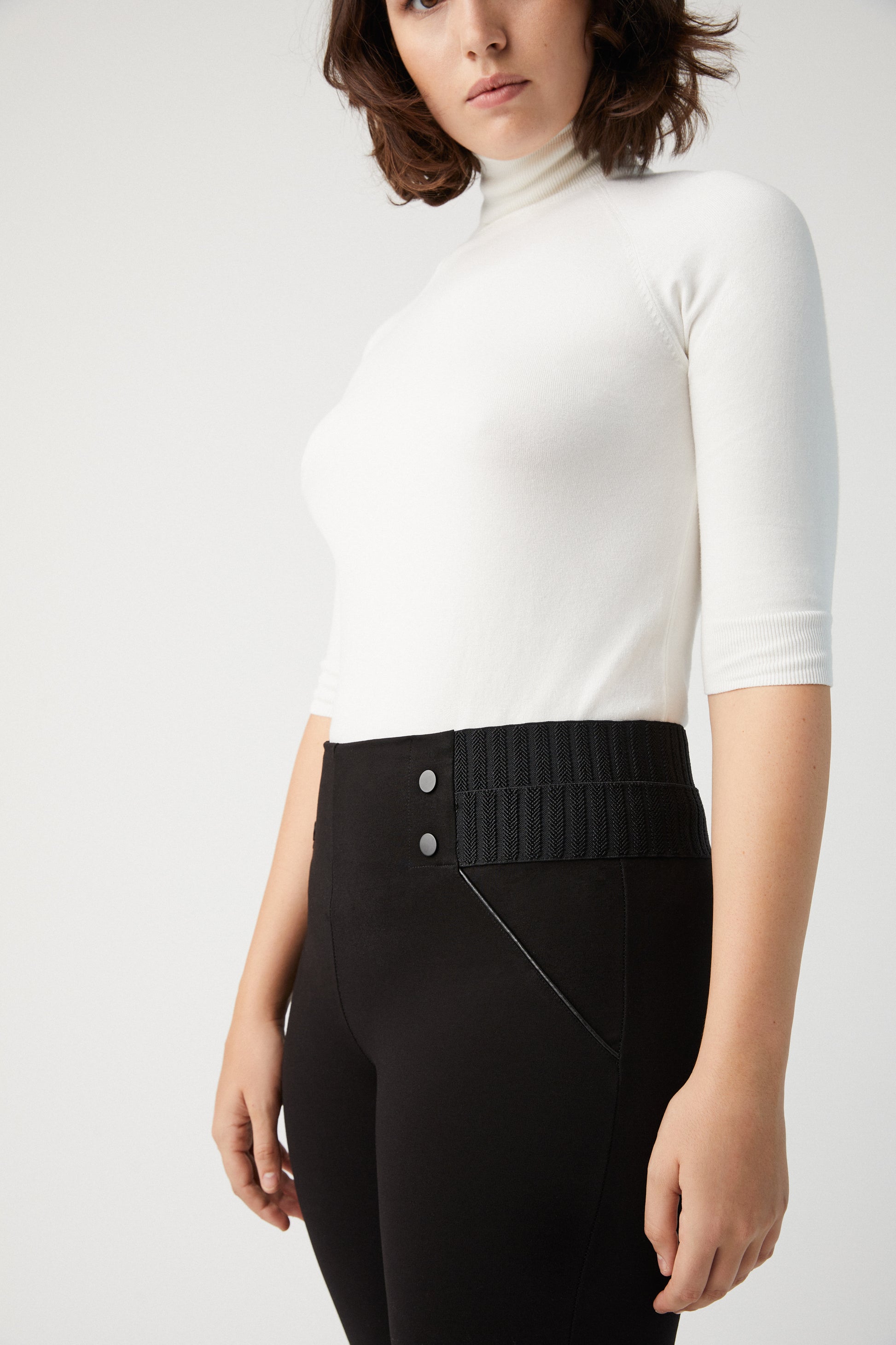 Ysabel Mora 70271 Leggings - High waisted trouser leggings with black faux buttons on the sides and deep ribbed textured elasticated slimming waistband.