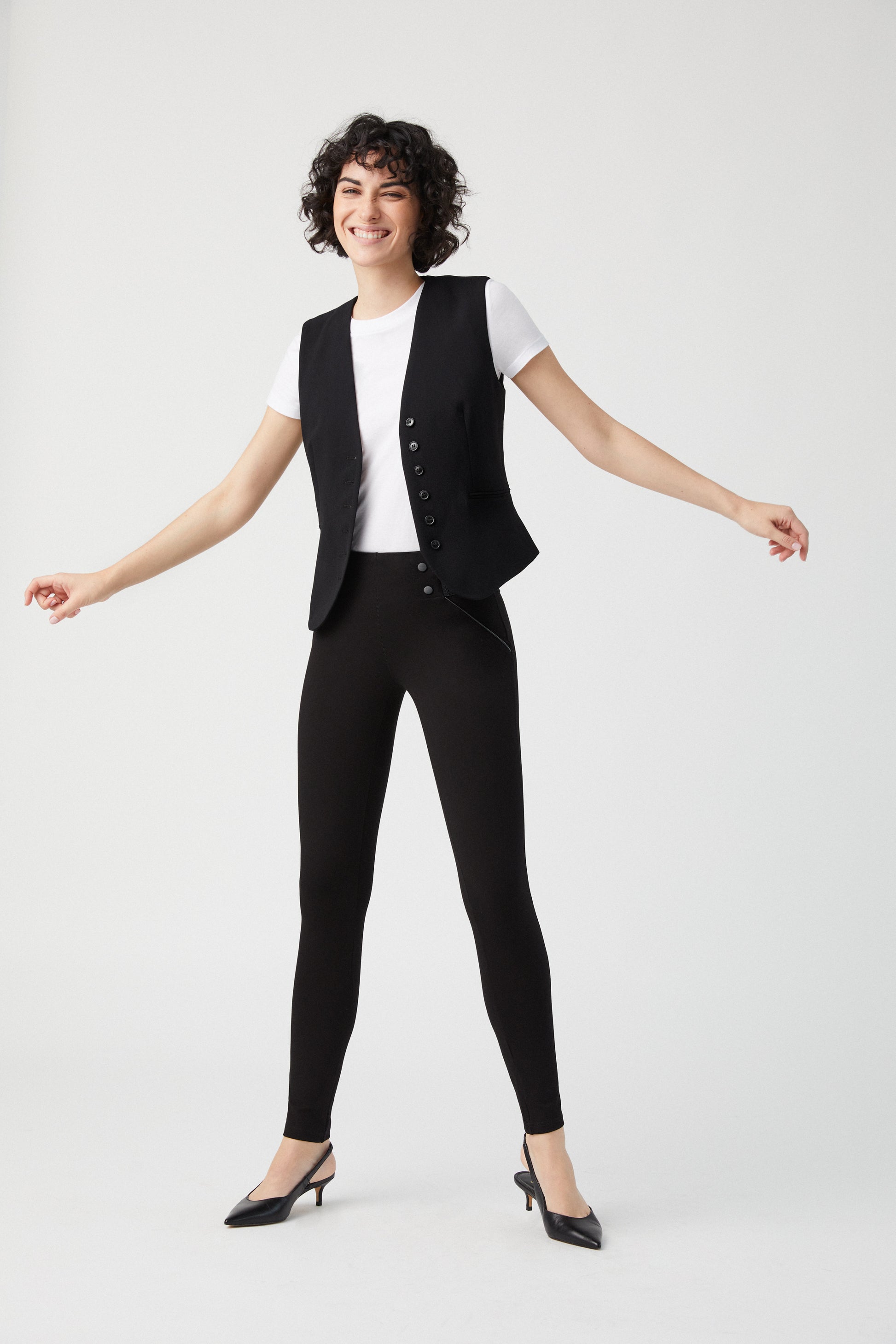 Ysabel Mora 70271 Leggings - High waisted trouser leggings with black faux buttons on the sides and deep ribbed textured elasticated slimming waistband.