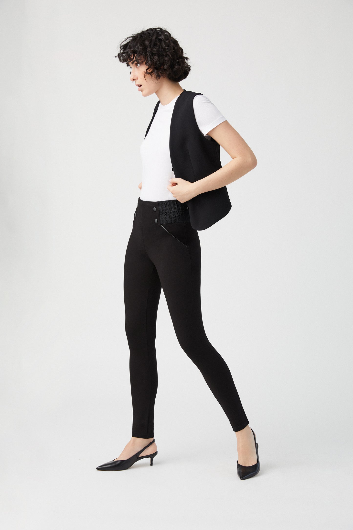 Ysabel Mora 70271 Leggings - High waisted trouser leggings with black faux buttons on the sides and deep ribbed textured elasticated slimming waistband.