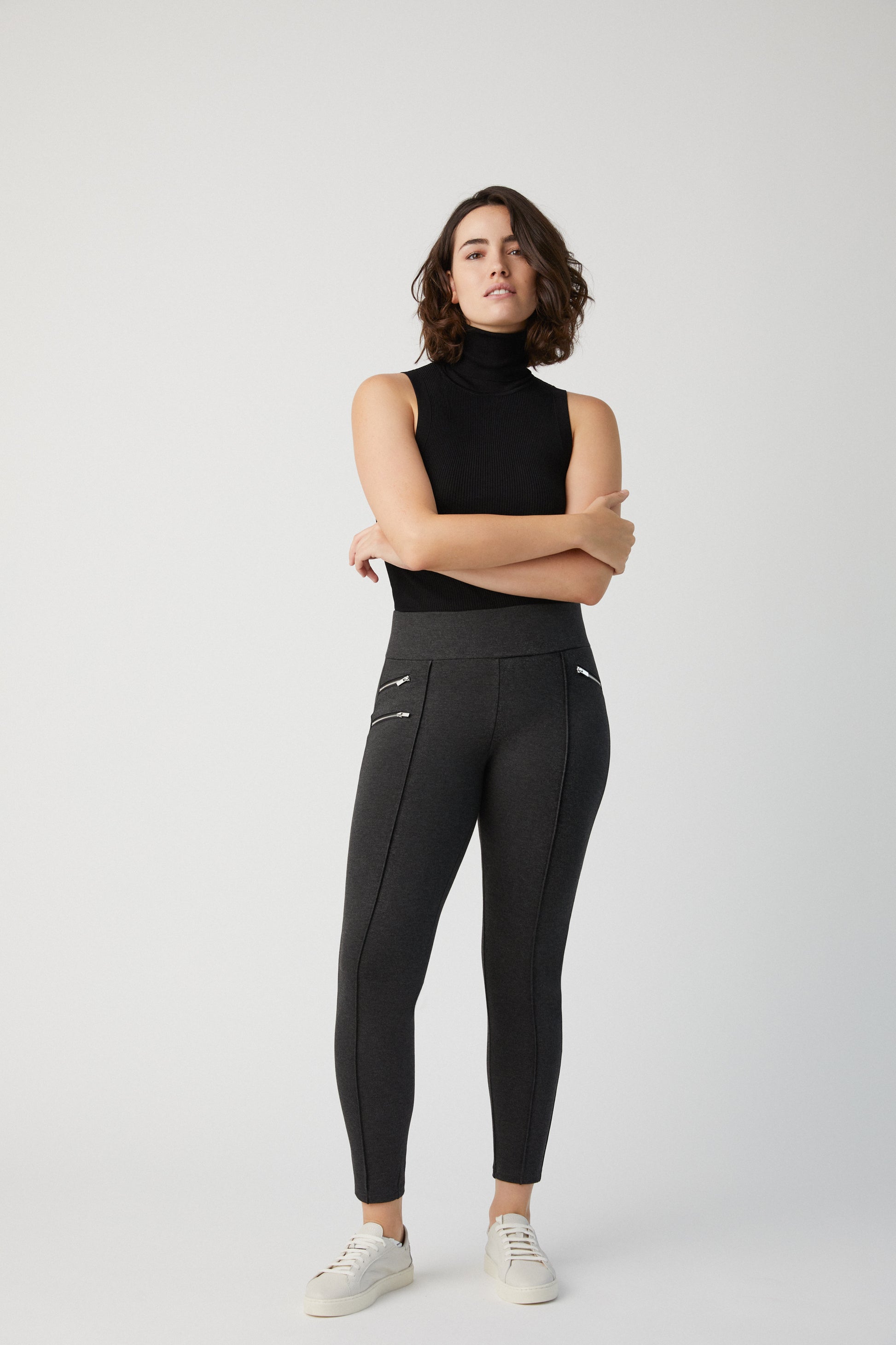 Ysabel Mora 70273 Leggings - Dark fleck grey jodhpur style high waisted leggings with silver side zips, raised centre seam down the leg and deep slimming waist band.