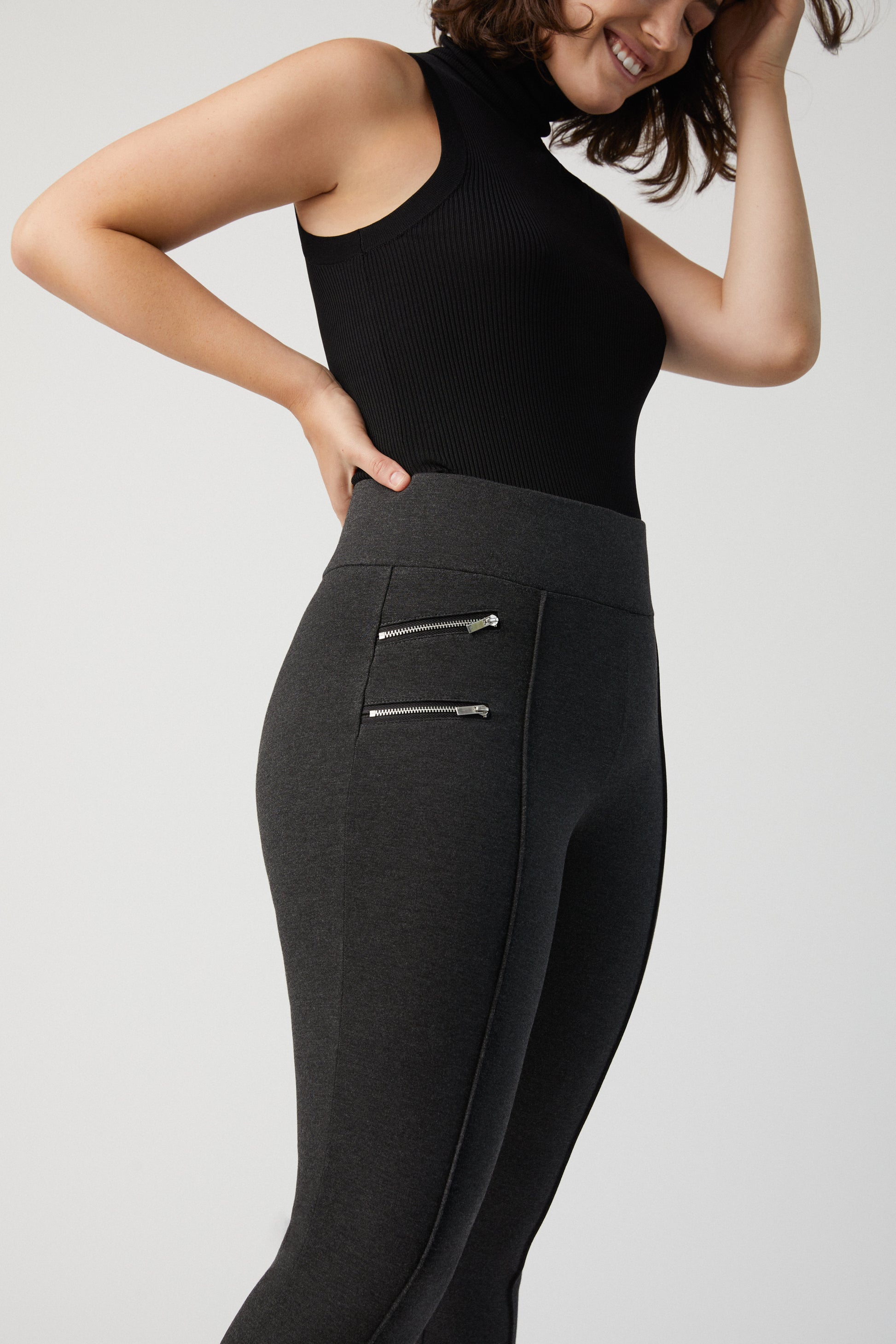 Ysabel Mora 70273 Leggings - Dark fleck grey jodhpur style high waisted leggings with silver side zips, raised centre seam down the leg and deep slimming waist band.