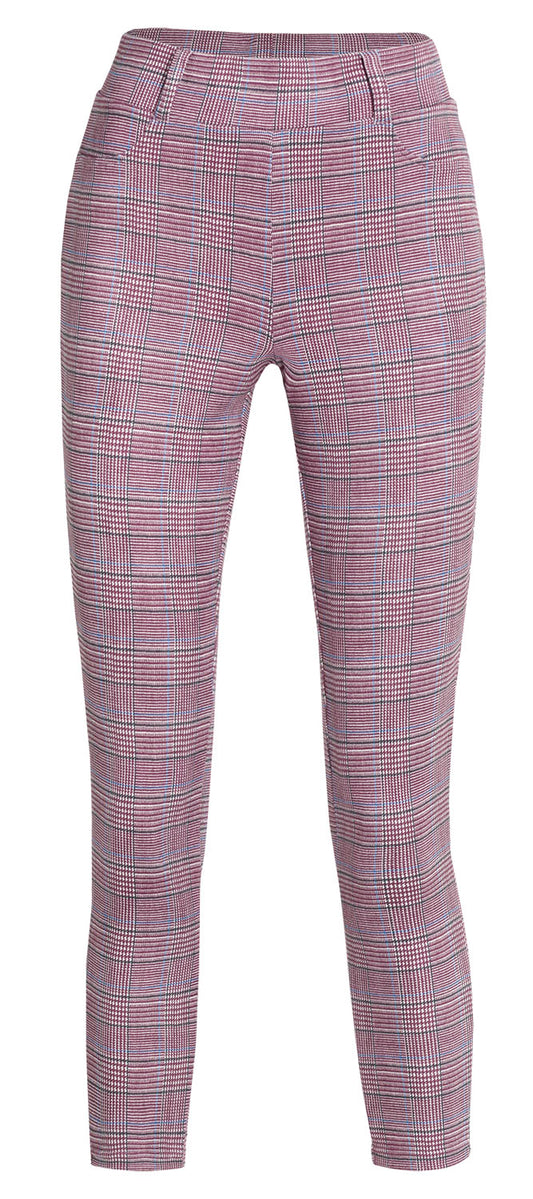 Ysabel Mora 70275 Pink Check Leggings - Soft white slimming trouser leggings (treggings) with an all over check print in plum (combined with white it looks pink), black and a small stripe of light blue, belt loops and faux front pocket top stitching.