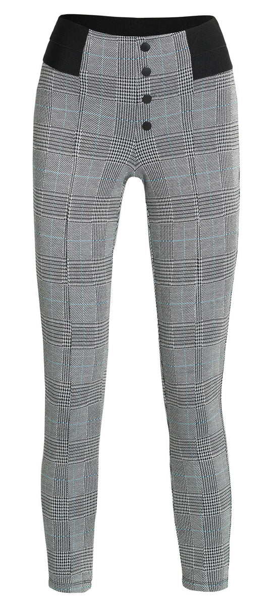 Ysabel Mora 70278 Leggings - High waisted black and white (grey) Prince of Wales tartan trouser leggings (treggings) with a thin stripe of light blue, black faux button closures and deep elasticated slimming waist band.