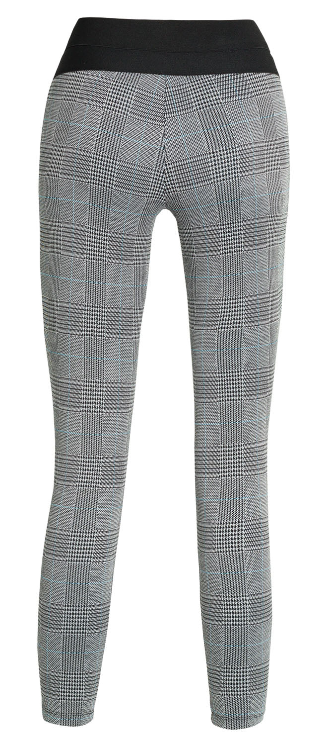 Ysabel Mora 70278 Leggings - High waisted black and white (grey) Prince of Wales tartan trouser leggings (treggings) with a thin stripe of light blue, black faux button closures and deep elasticated slimming waist band.