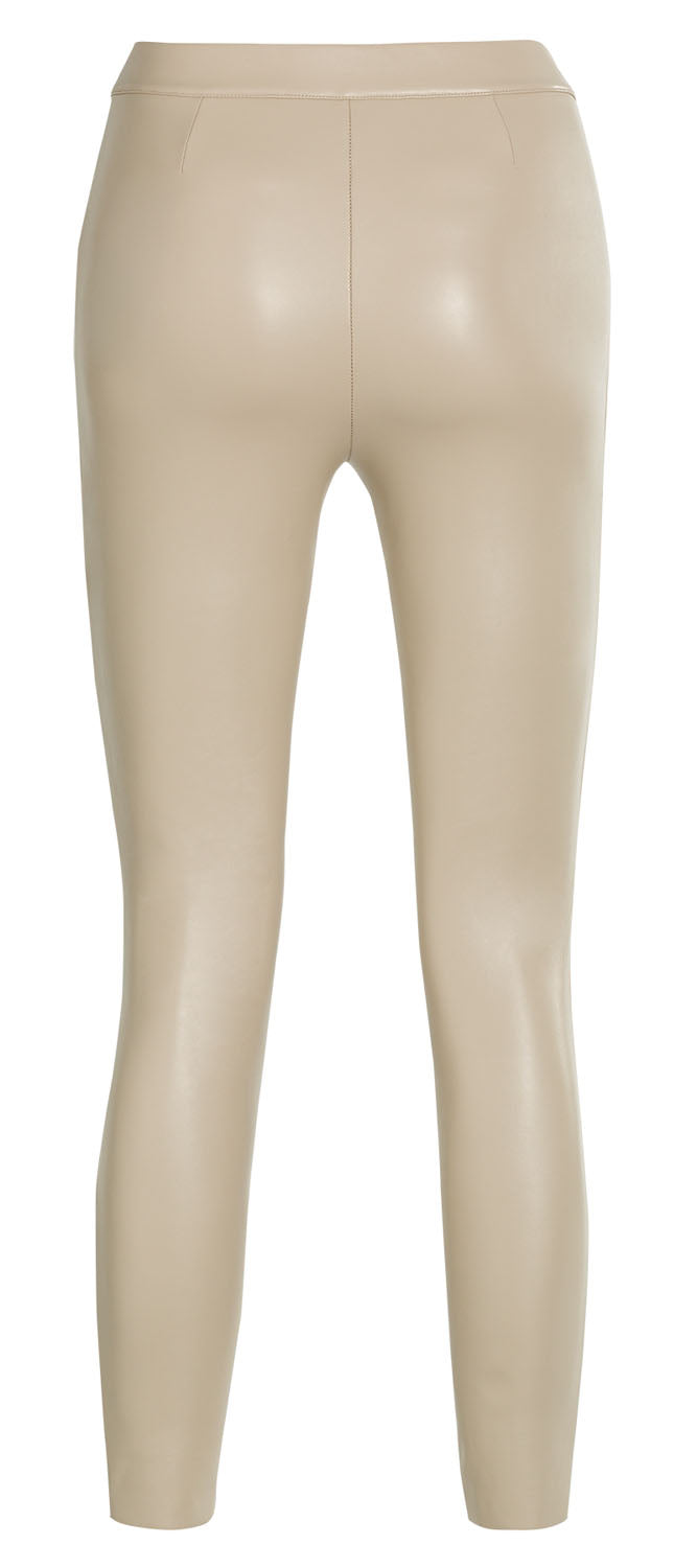 Ysabel Mora 70280 Leggings - Cream (beige) mid rise faux leather fleece lined trouser leggings with centre seam down the front of the legs, triangular panelling on the hips and darts at the back to ensure a snug fit.