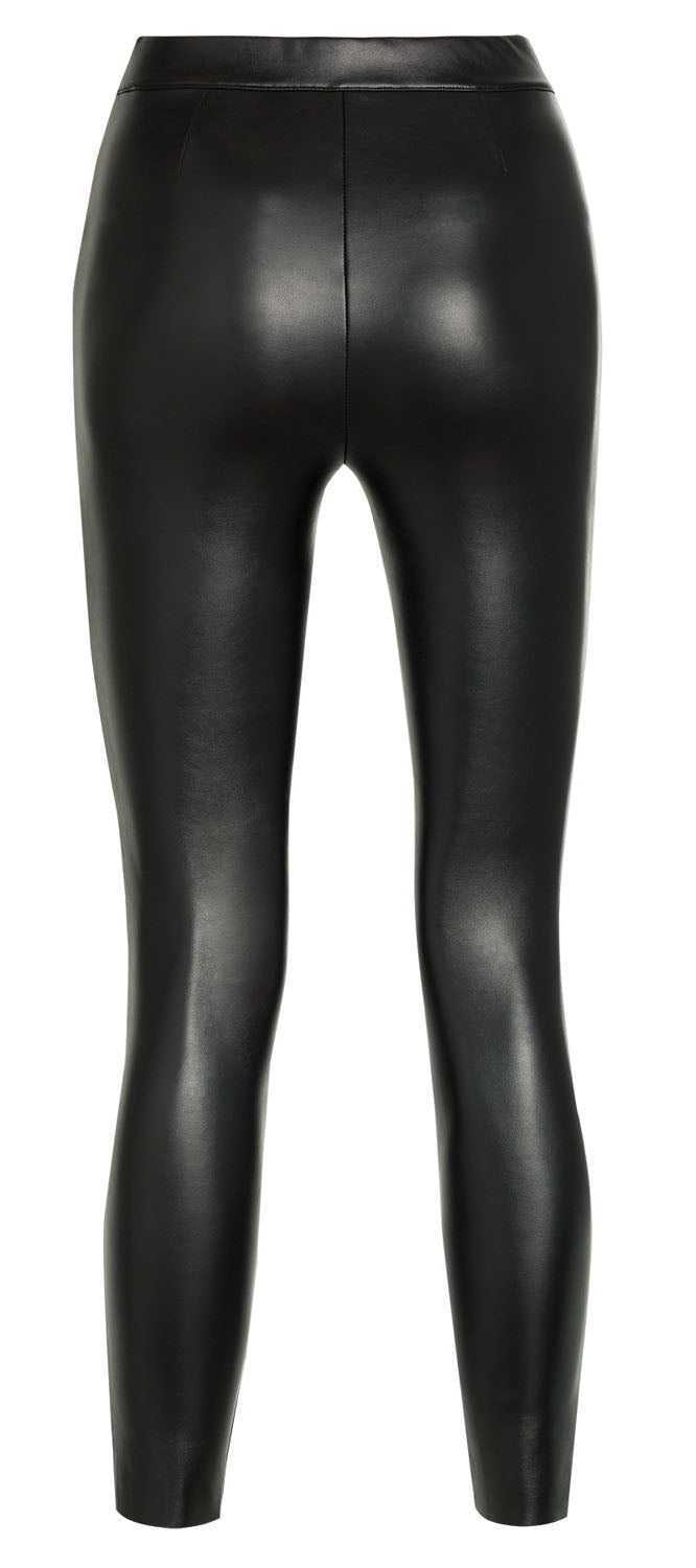 Ysabel Mora 70280 Leggings - Black mid rise faux leather fleece lined trouser leggings with centre seam down the front of the legs, triangular panelling on the hips and darts at the back to ensure a snug fit.