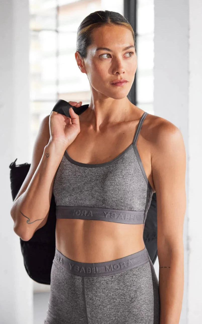 Ysabel Mora 70800 Infinity Sports Bra - Soft fleck grey sports bra with removable pads and adjustable criss-cross straps and branded elasticated cuff.