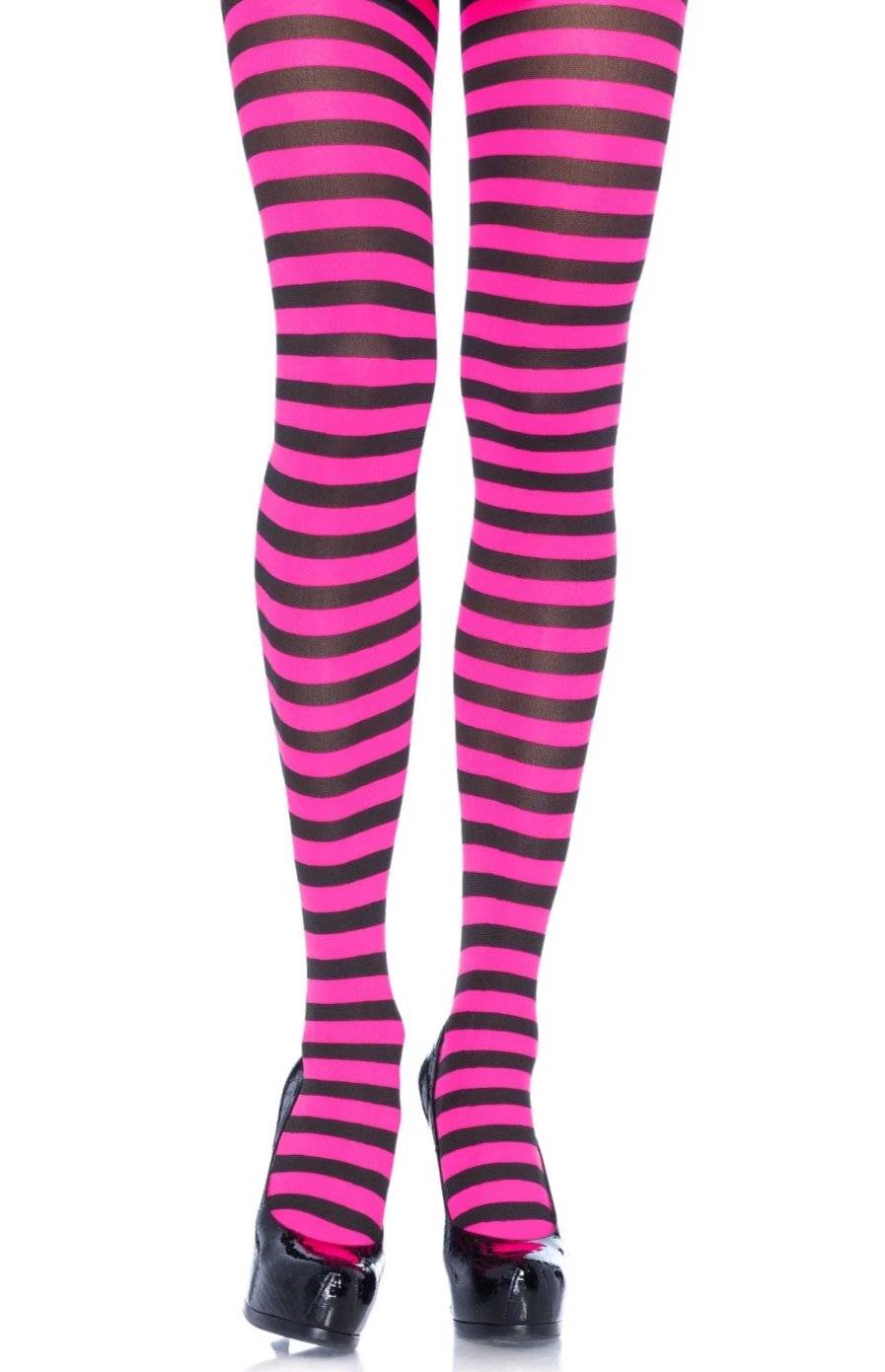 Leg Avenue 7100 Nylon Stripe Tights - neon pink and black horizontal striped pantyhose