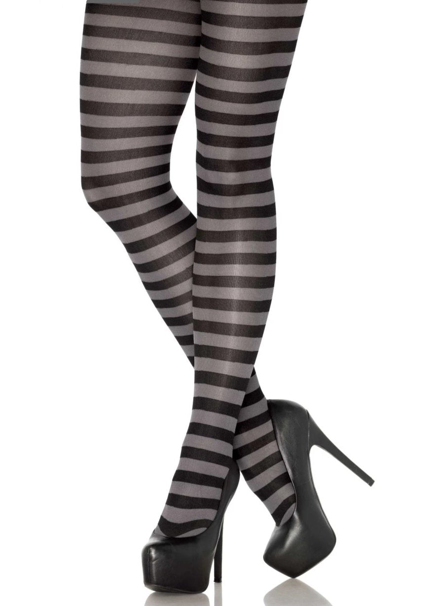 Leg Avenue 7100 Nylon Stripe Tights - grey and black horizontal striped pantyhose