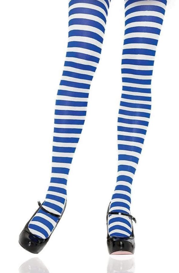 Leg Avenue 7100 Nylon Stripe Tights - blue and white horizontal striped pantyhose