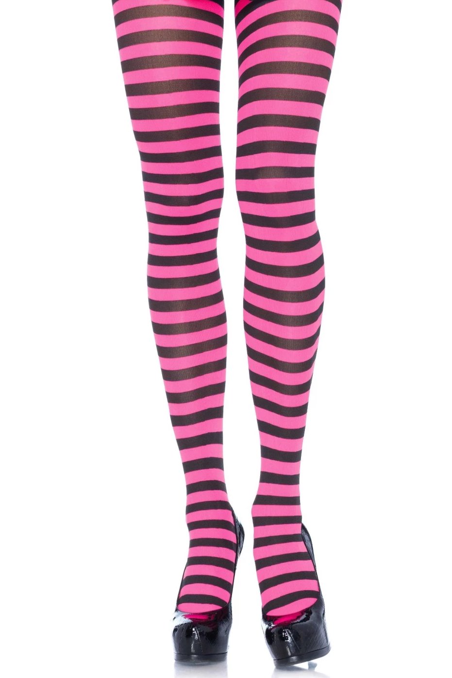 Leg Avenue 7100 Nylon Stripe Tights - pink and black horizontal striped pantyhose
