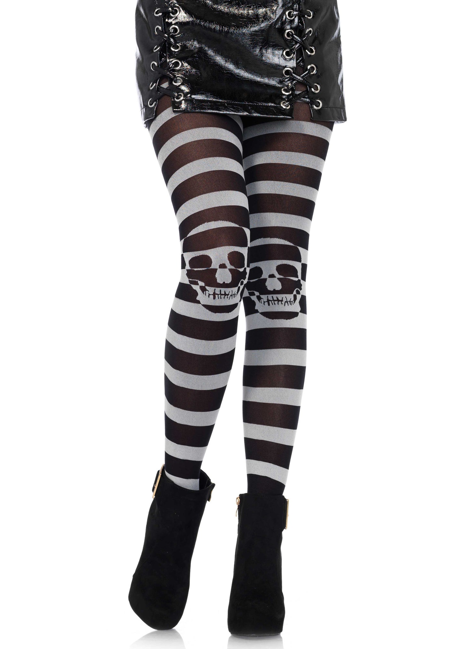 Leg Avenue 7131 Striped skull pantyhose - grey and black striped tights