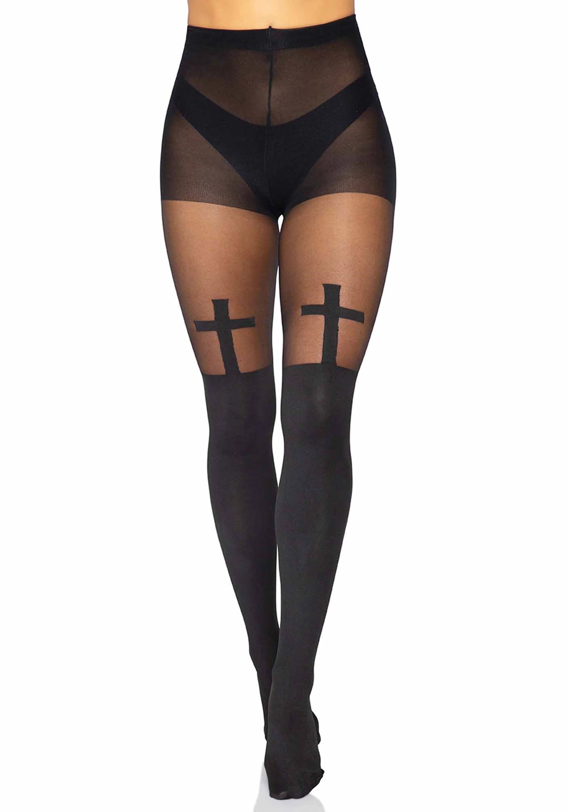 Leg Avenue 7903 Bless Me Cross Tights - Black sheer tights with an opaque over the knee effect sock with a cross design on the front.