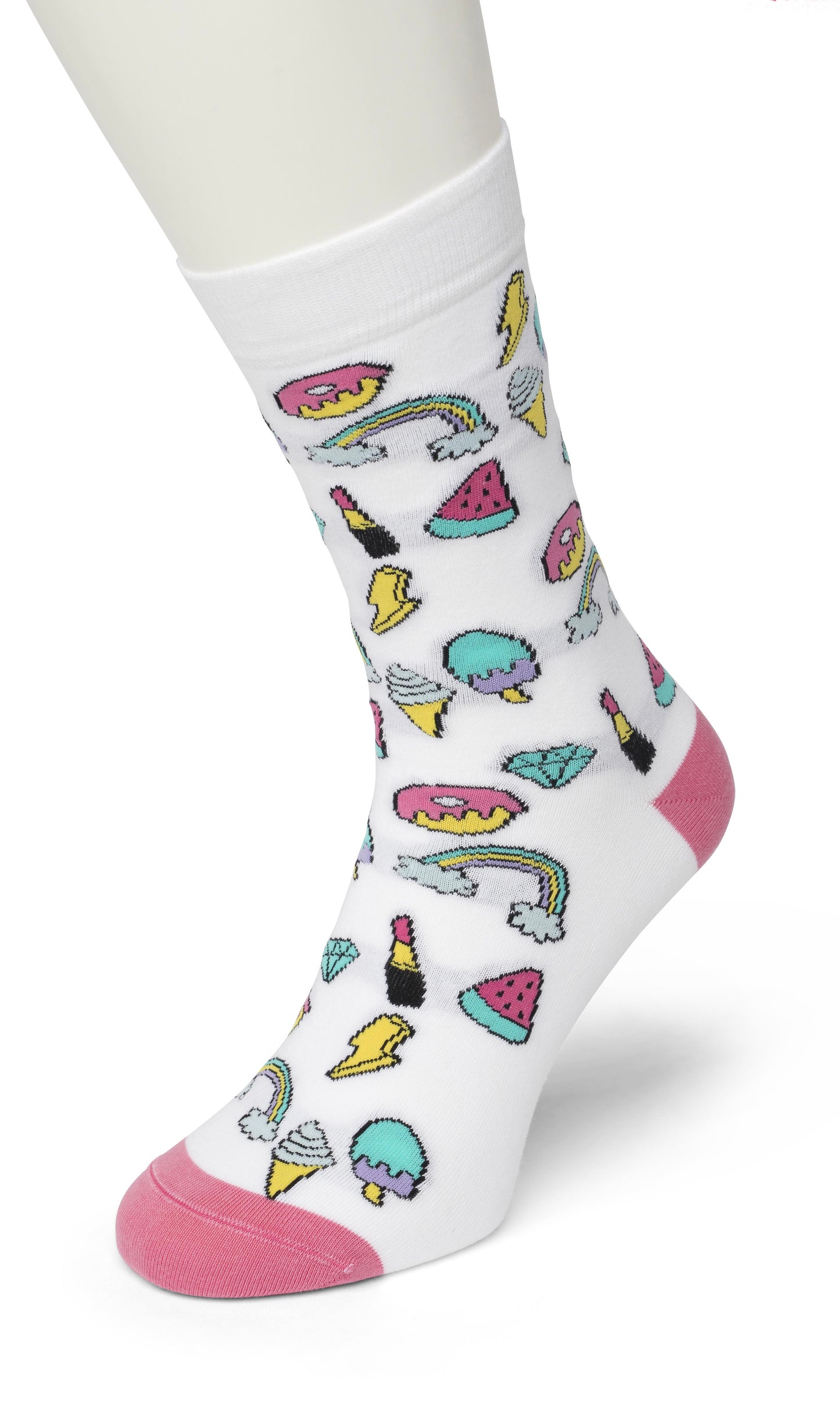 Bonnie Doon Donut Sock - White cotton mix colourful fun patterned socks featuring donuts, ice-cream, rainbows, lightning bolts, watermelon, diamonds and lipstick.