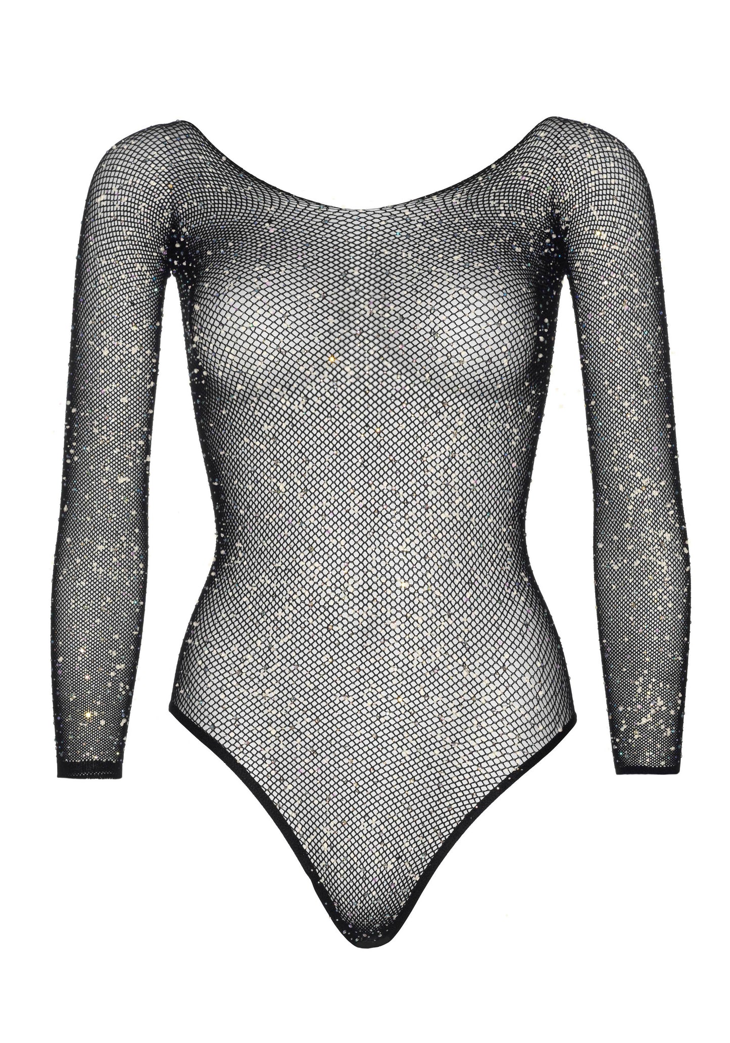 Leg Avenue 89231 fishnet thong back bodysuit - Black sparkly rhinestone long sleeve fishnet body-top with snap crotch panty