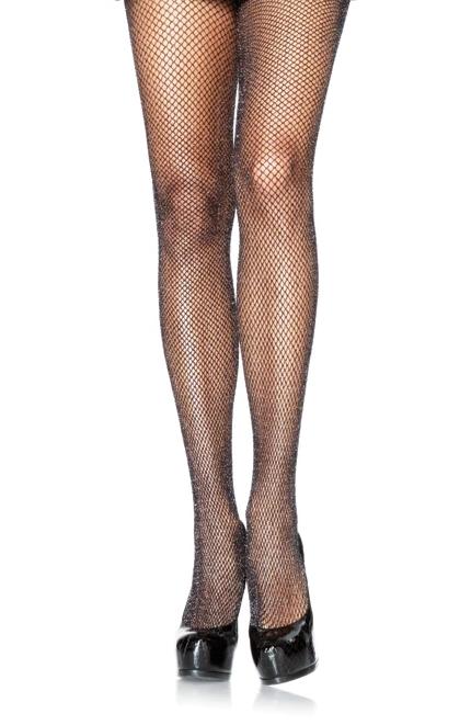 Leg Avenue 9012A Glitter Fishnet Pantyhose - sparkly black net tights with silver lame' lurex