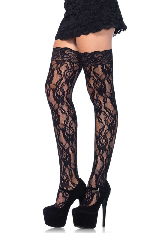 Leg Avenue 9762 Lace Stockings - black floral lace stockings to be worn with suspender / garter belt