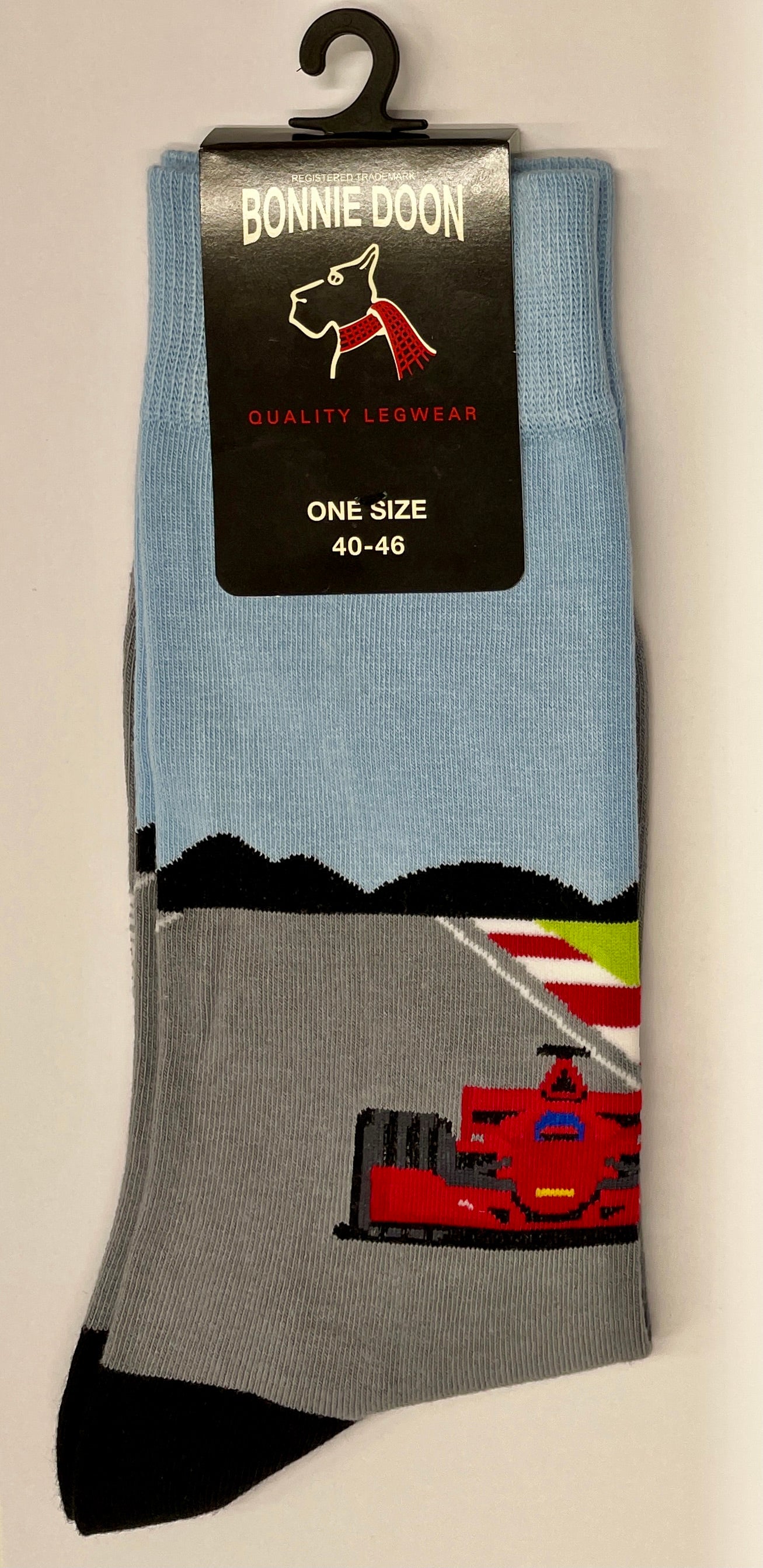 Bonnie Doon Formula Racing Sock - Men's cotton crew length sock with racing car and track scene pattern, perfect for the formula 1 fan in your life.