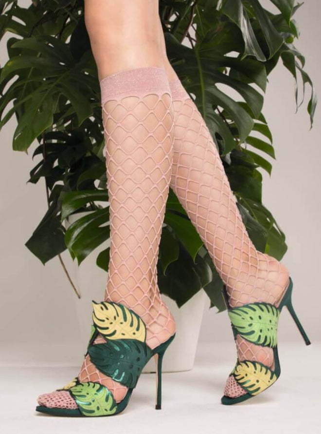 Trasparenze Ananas Gambaletto - wide fence fishnet knee-high sock in pale pink with micro net toe and silver sparkly lurex