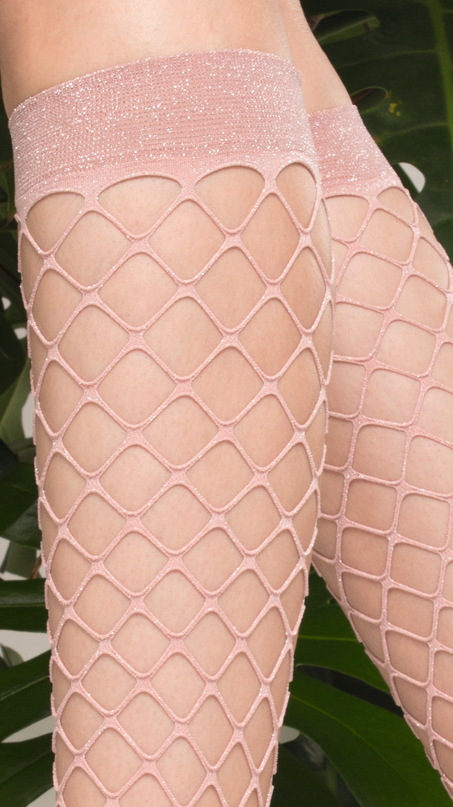 Trasparenze Ananas Gambaletto - wide fence fishnet knee-high sock in pale pink with micro net toe and silver sparkly lurex