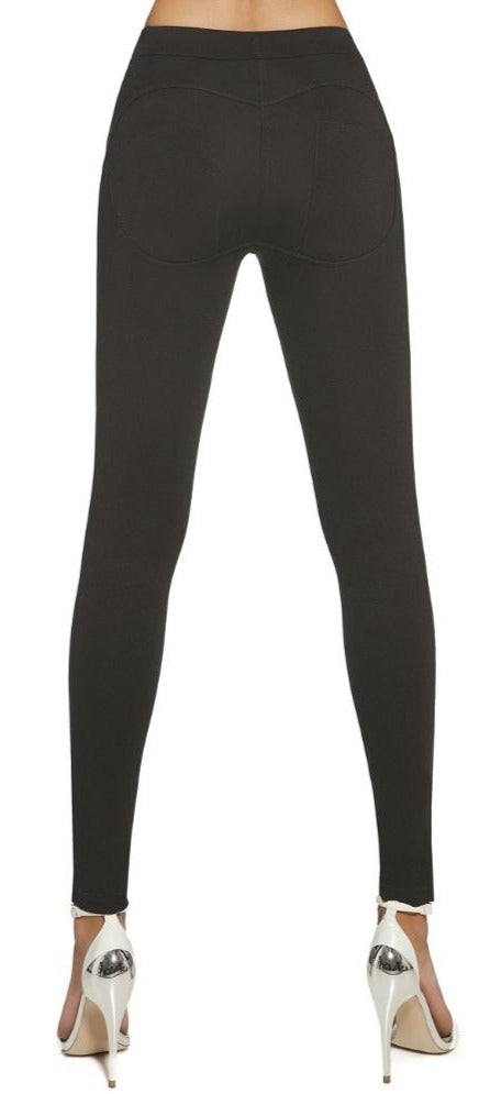 BasBleu Iggy Leggings - black mid rise leggings with faux back pockets detail with push-up effect