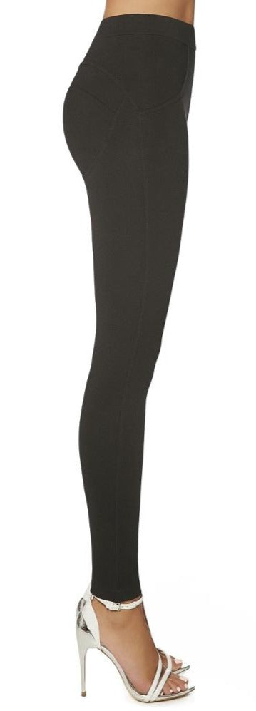 BasBleu Iggy Leggings - black mid rise leggings with faux back pockets detail with push-up effect