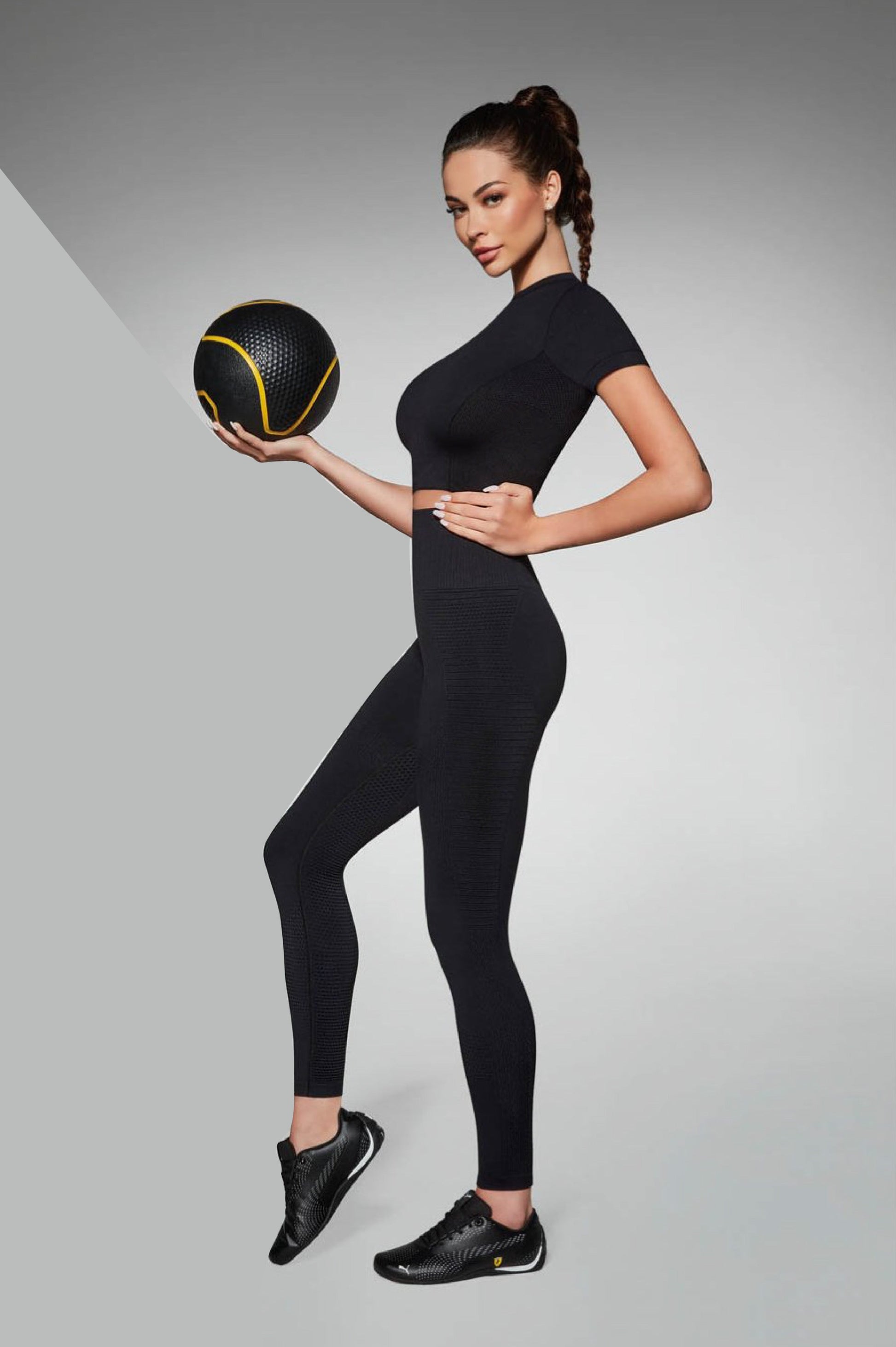 BasBlack Challenge Leggings - Black seamless sports leggings with different textured panelling to shape the legs and bum, extra deep elasticated waistband and gusset with flat seams.