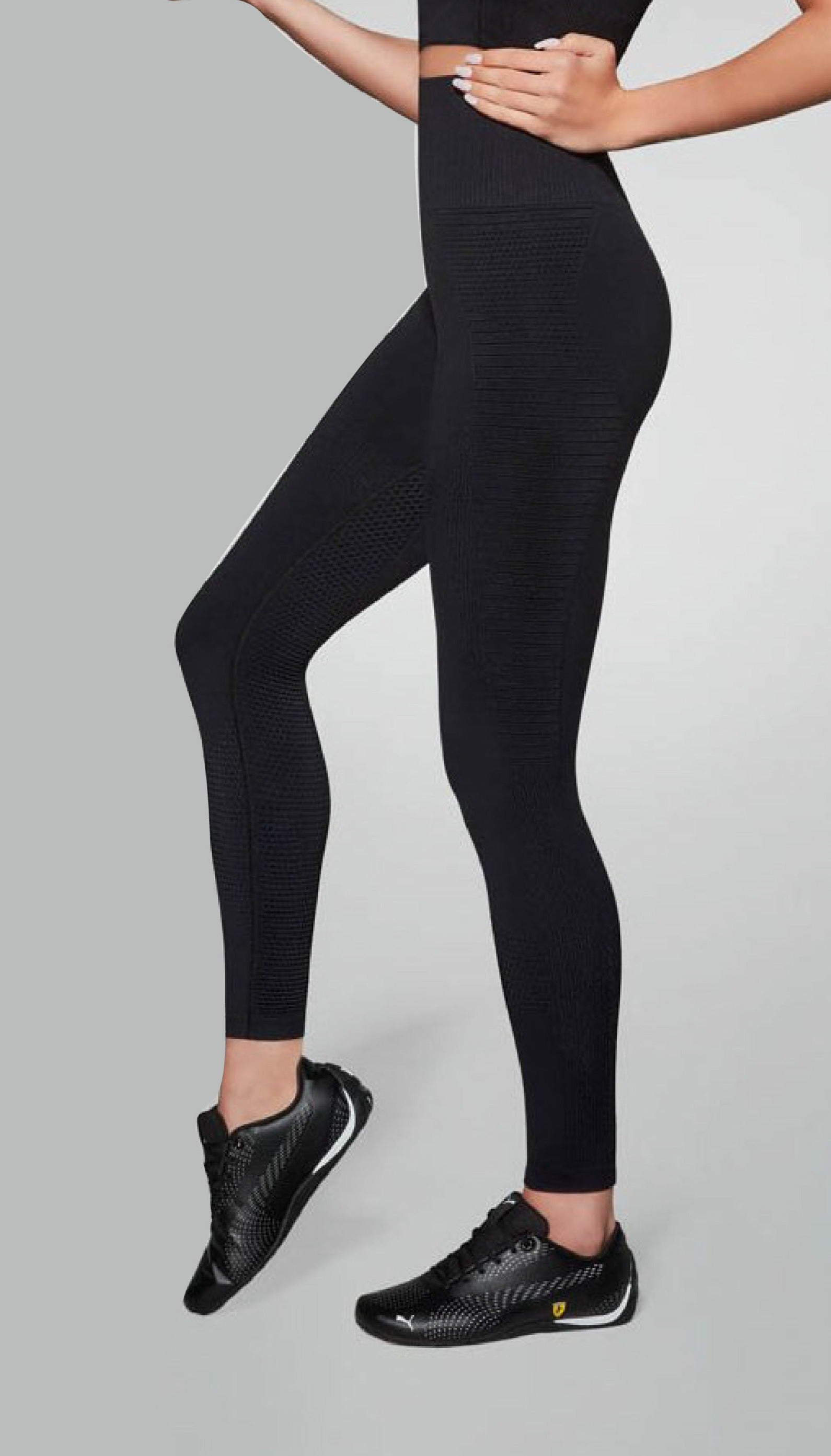 BasBlack Challenge Leggings - Black seamless sports leggings with different textured panelling to shape the legs and bum, extra deep elasticated waistband and gusset with flat seams.